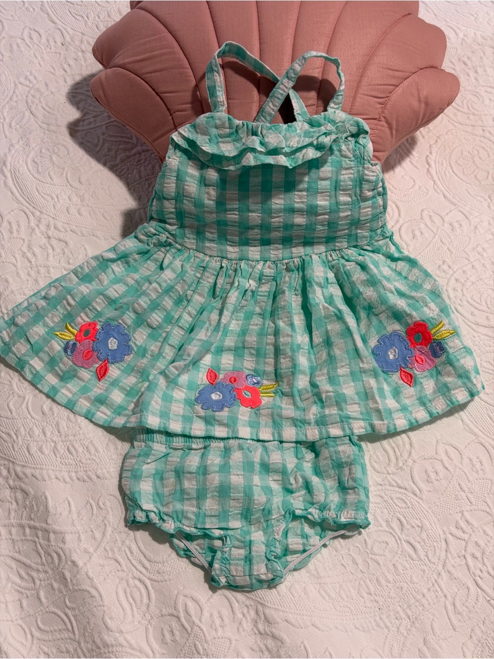 crown & ivy Mint Green Gingham Dress with Floral Embroidery & Diaper Cover